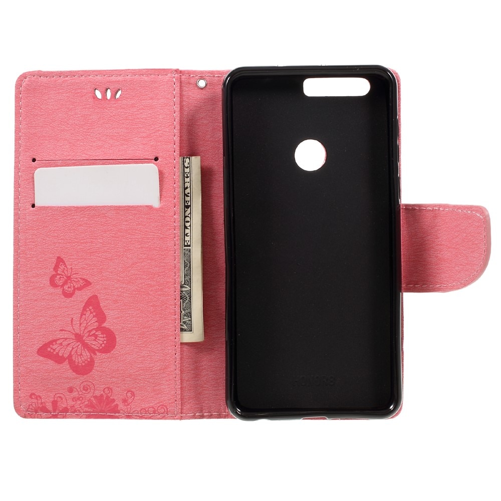 Funda de cuero con mariposas para Huawei Honor 8, rosado