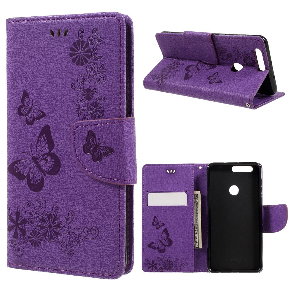 Funda de Cuero con Mariposas Huawei Honor 8, Púrpura