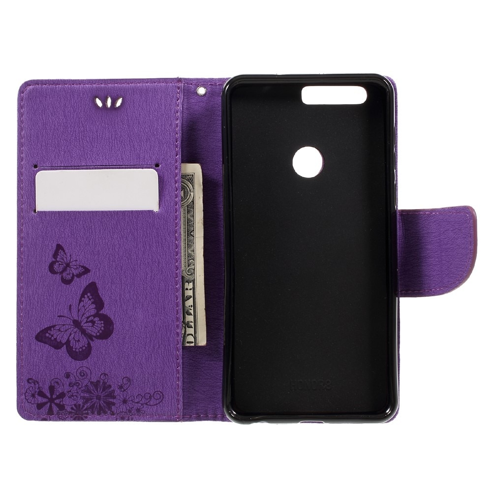 Funda de cuero con mariposas para Huawei Honor 8, violeta