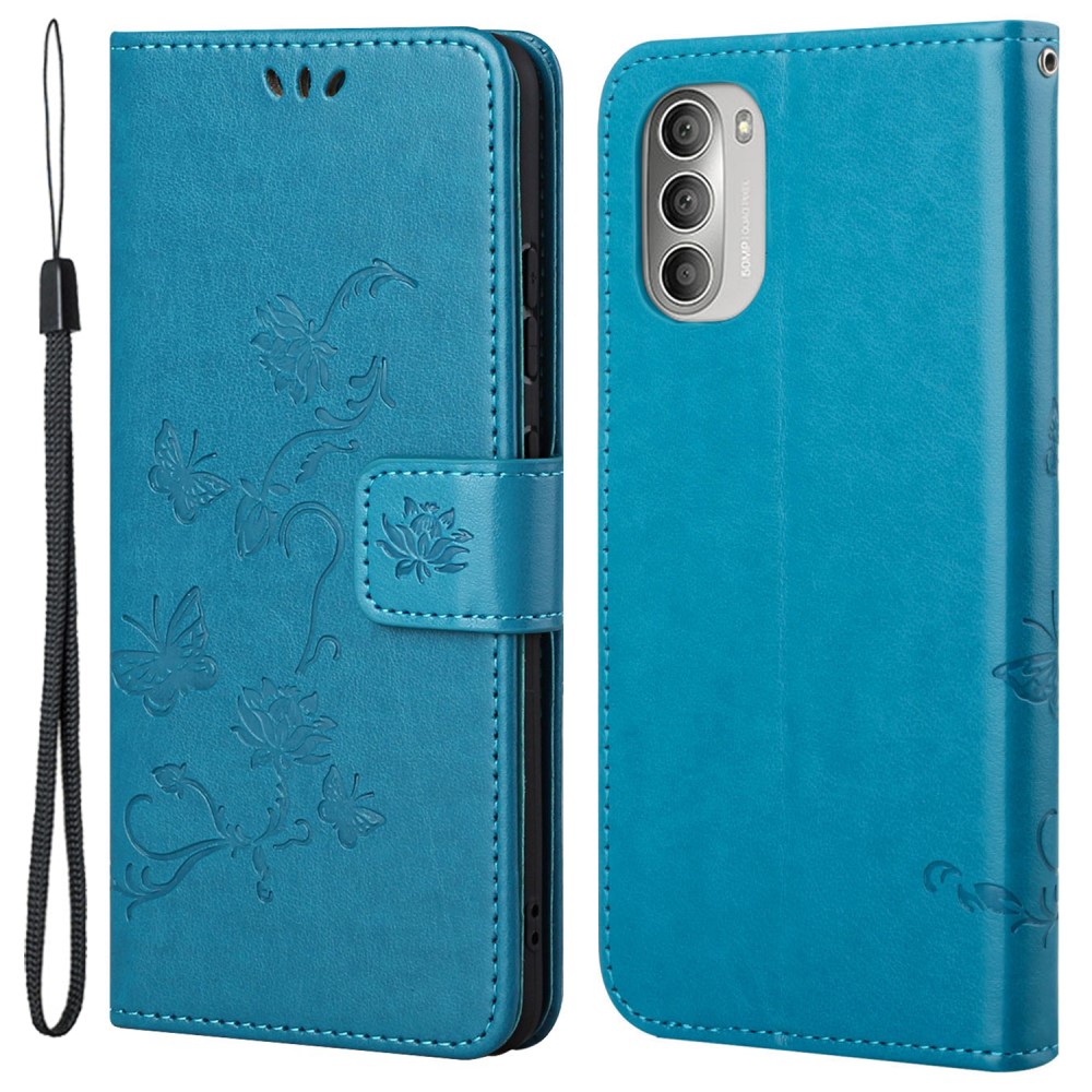 Funda de cuero con mariposas para Motorola Moto G51, azul