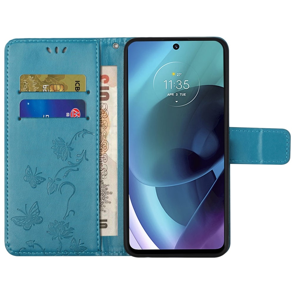 Funda de Cuero con Mariposas Motorola Moto G51, Azul