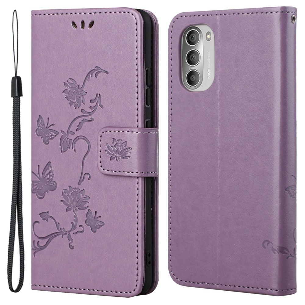 Funda de cuero con mariposas para Motorola Moto G51, violeta