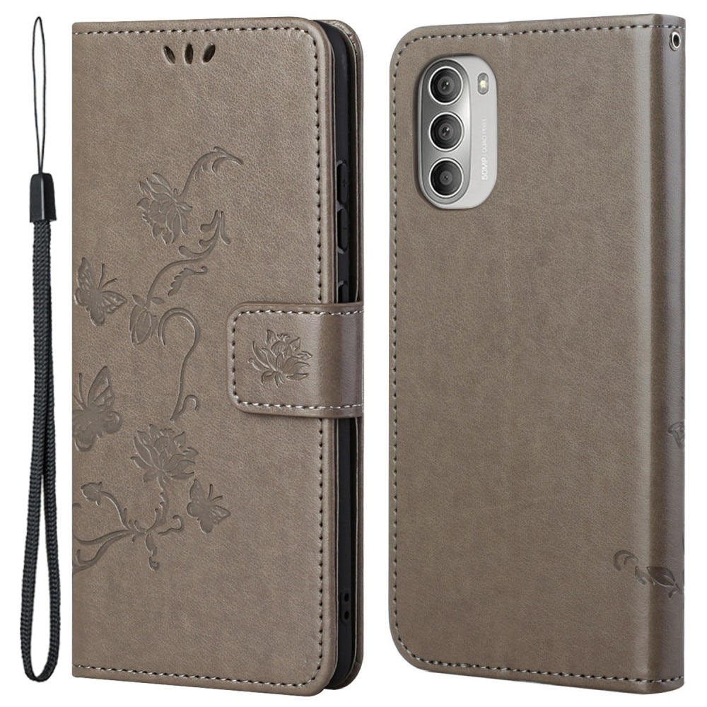 Funda de cuero con mariposas para Motorola Moto G51, gris