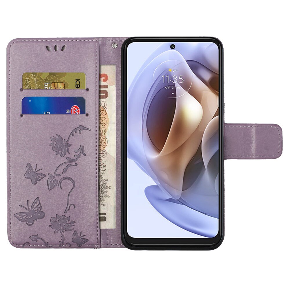 Funda de Cuero con Mariposas Motorola Moto G31/Moto G41, Púrpura