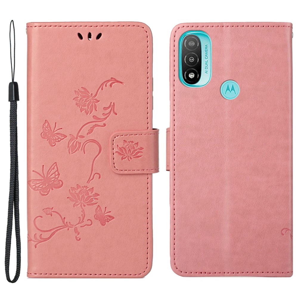 Funda de Cuero con Mariposas Motorola Moto E20/Moto E40, Rosa