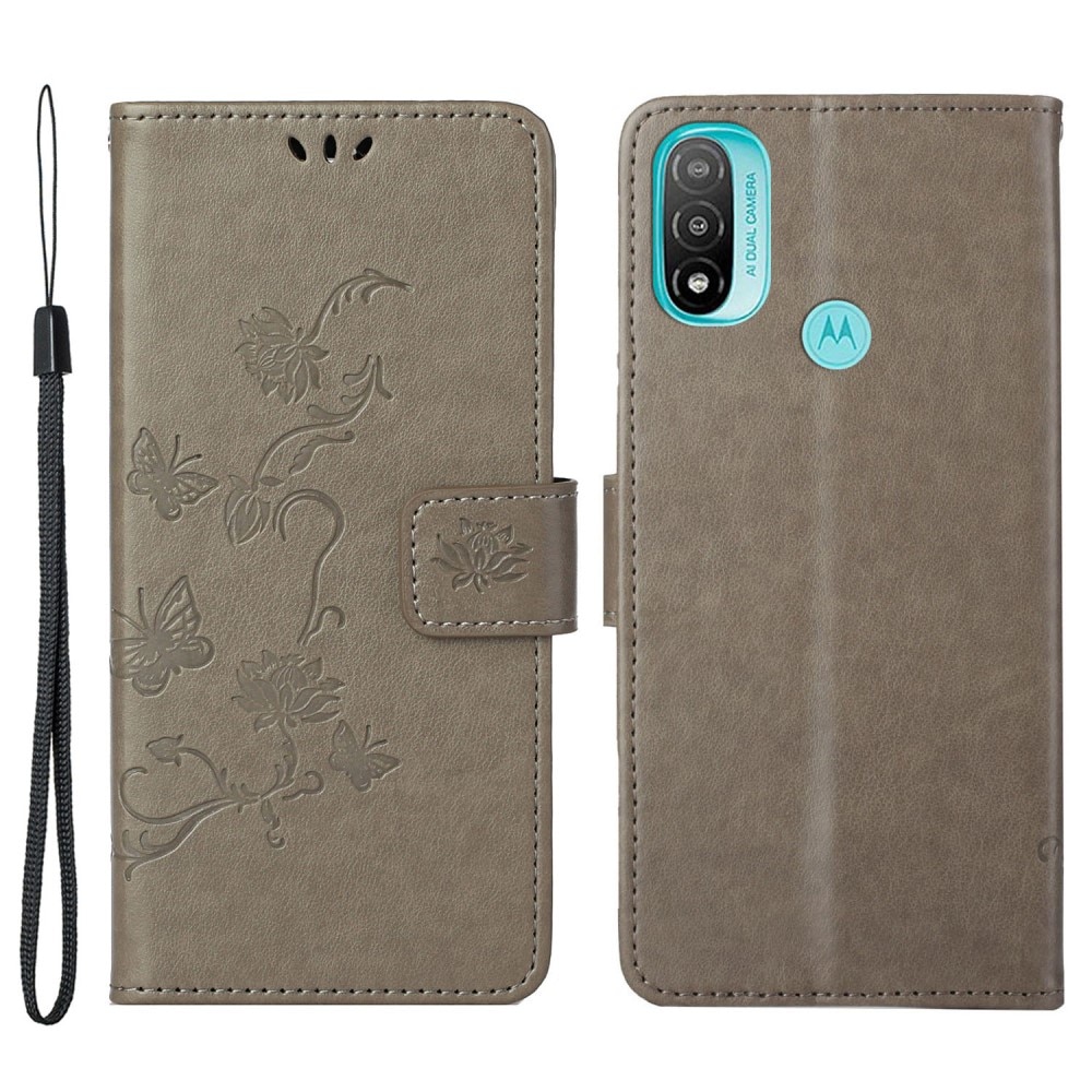 Funda de Cuero con Mariposas Motorola Moto E20/Moto E40, Gris