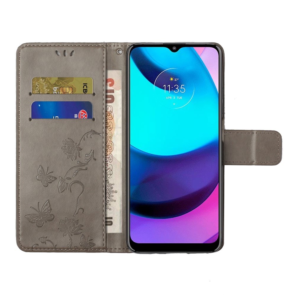 Funda de Cuero con Mariposas Motorola Moto E20/Moto E40, Gris