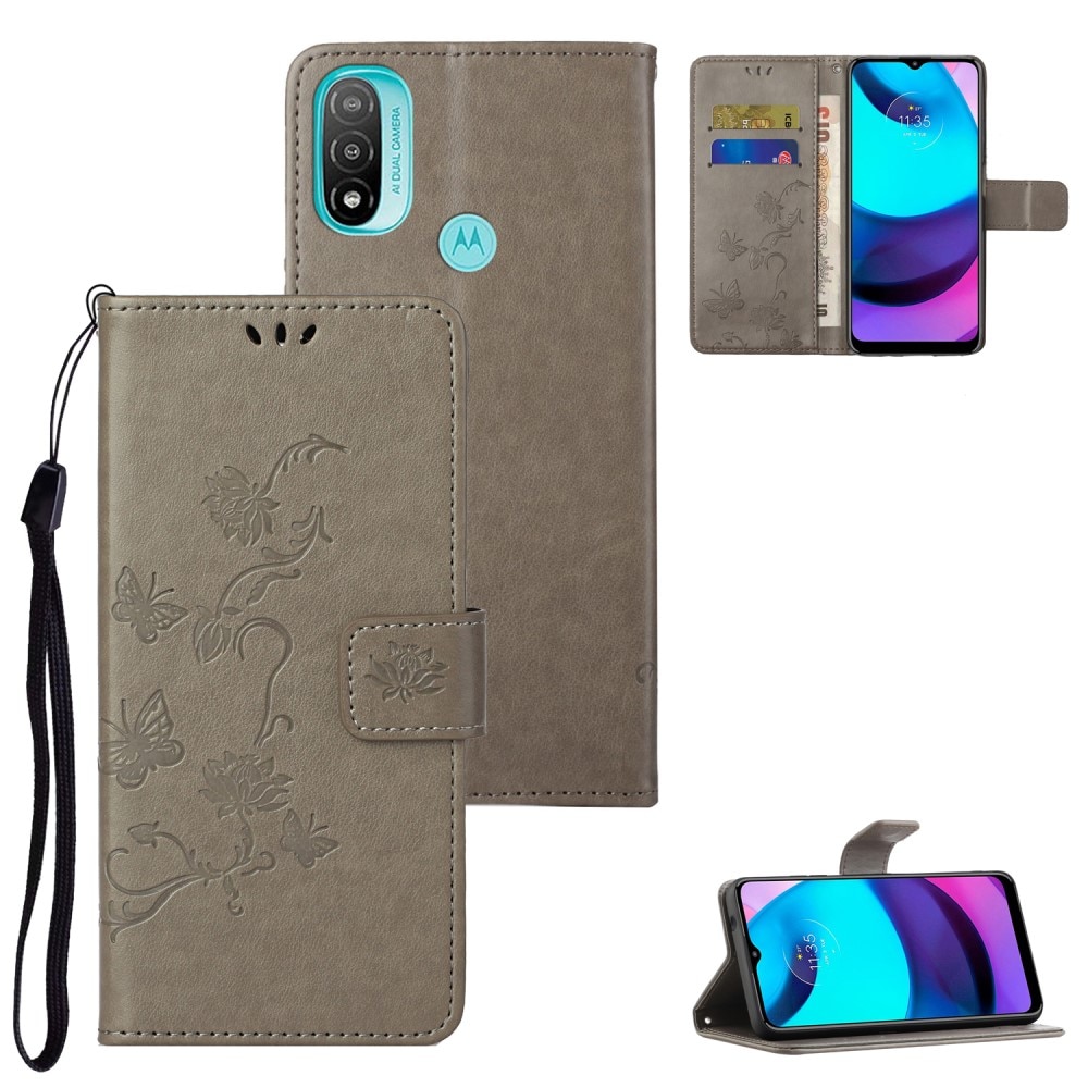 Funda de Cuero con Mariposas Motorola Moto E20/Moto E40, Gris