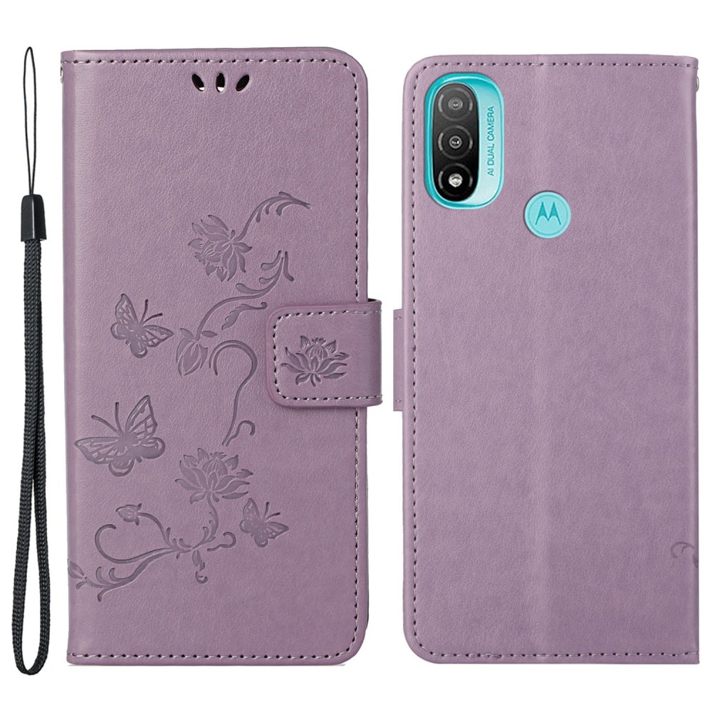 Funda de Cuero con Mariposas Motorola Moto E20/Moto E40, Púrpura