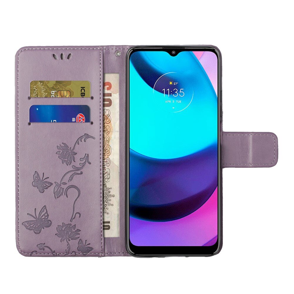 Funda de Cuero con Mariposas Motorola Moto E20/Moto E40, Púrpura