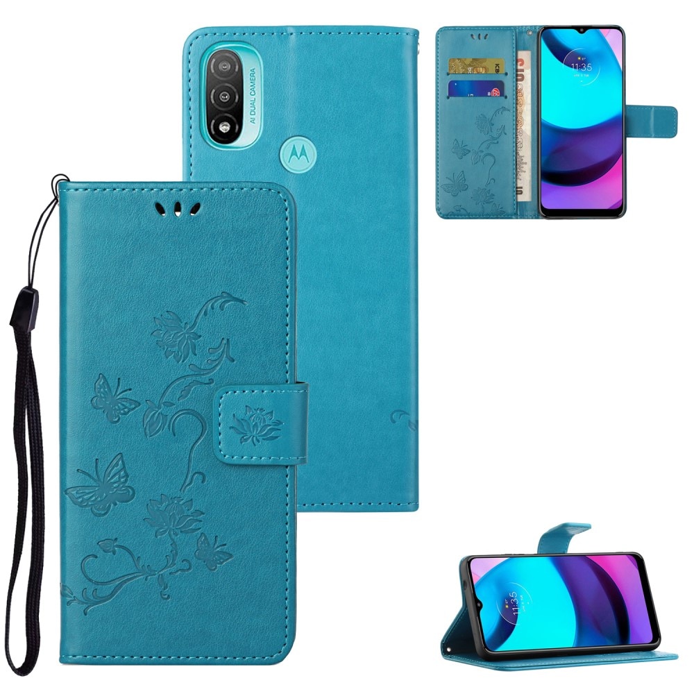 Funda de cuero con mariposas para Motorola Moto E20/E30/E40, azul