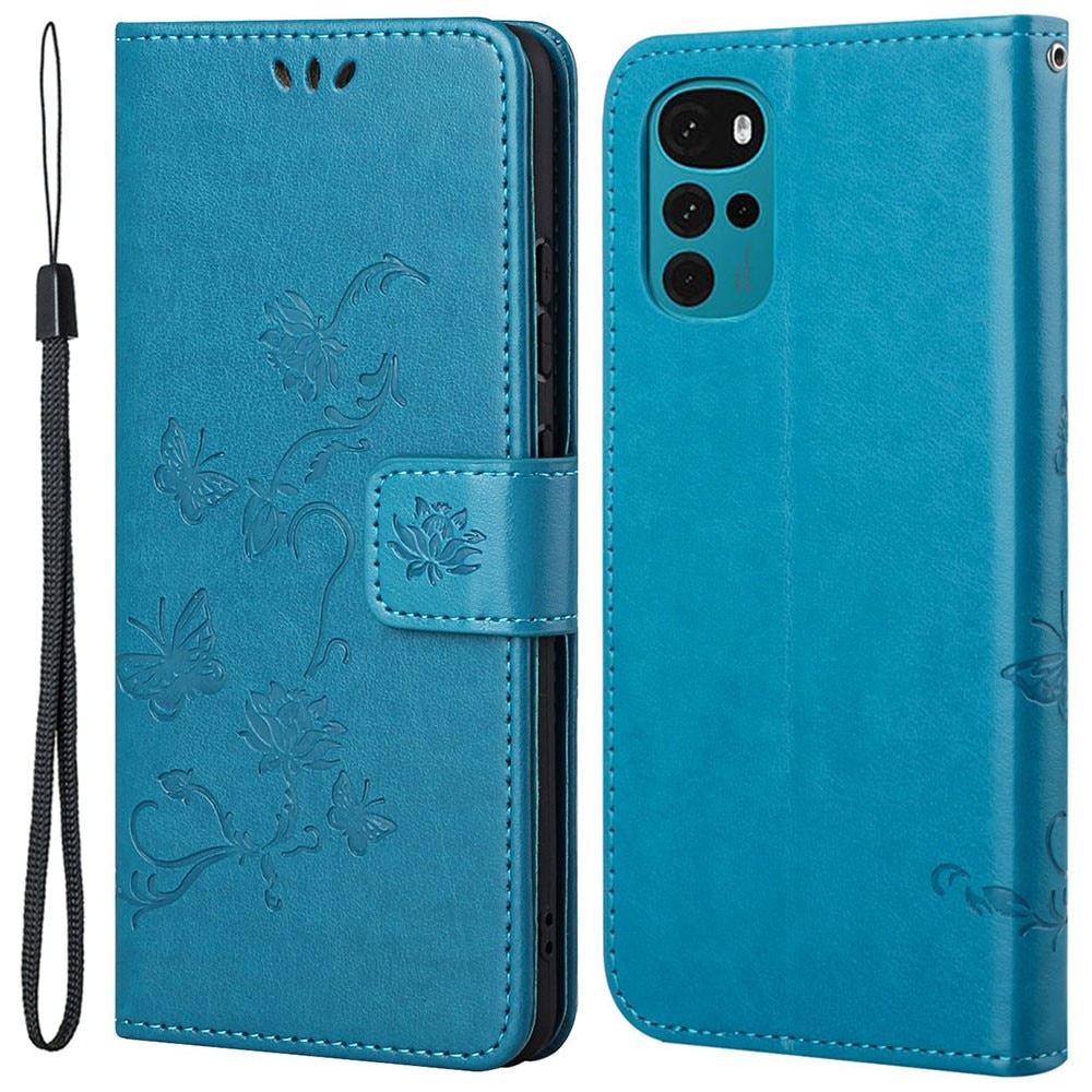Funda de Cuero con Mariposas Motorola Moto G22, Azul