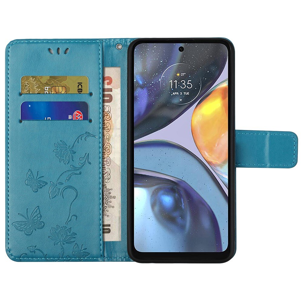 Funda de Cuero con Mariposas Motorola Moto G22, Azul