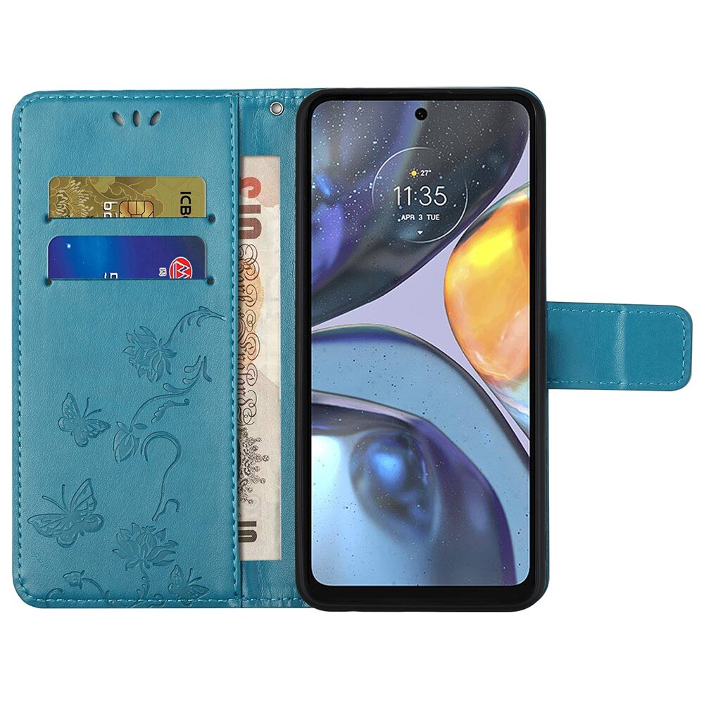 Funda de cuero con mariposas para Motorola Moto G22, azul