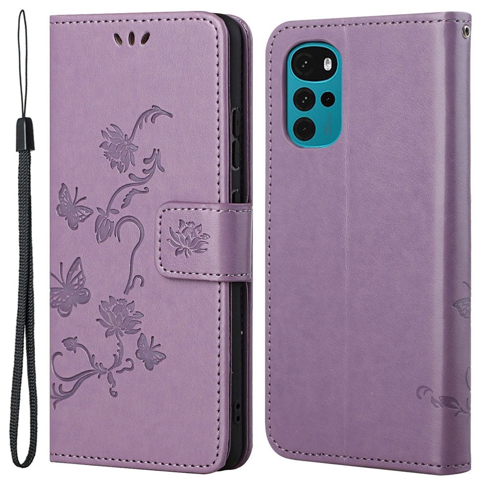 Funda de Cuero con Mariposas Motorola Moto G22, Púrpura