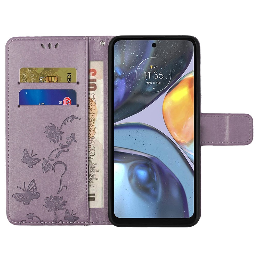 Funda de Cuero con Mariposas Motorola Moto G22, Púrpura