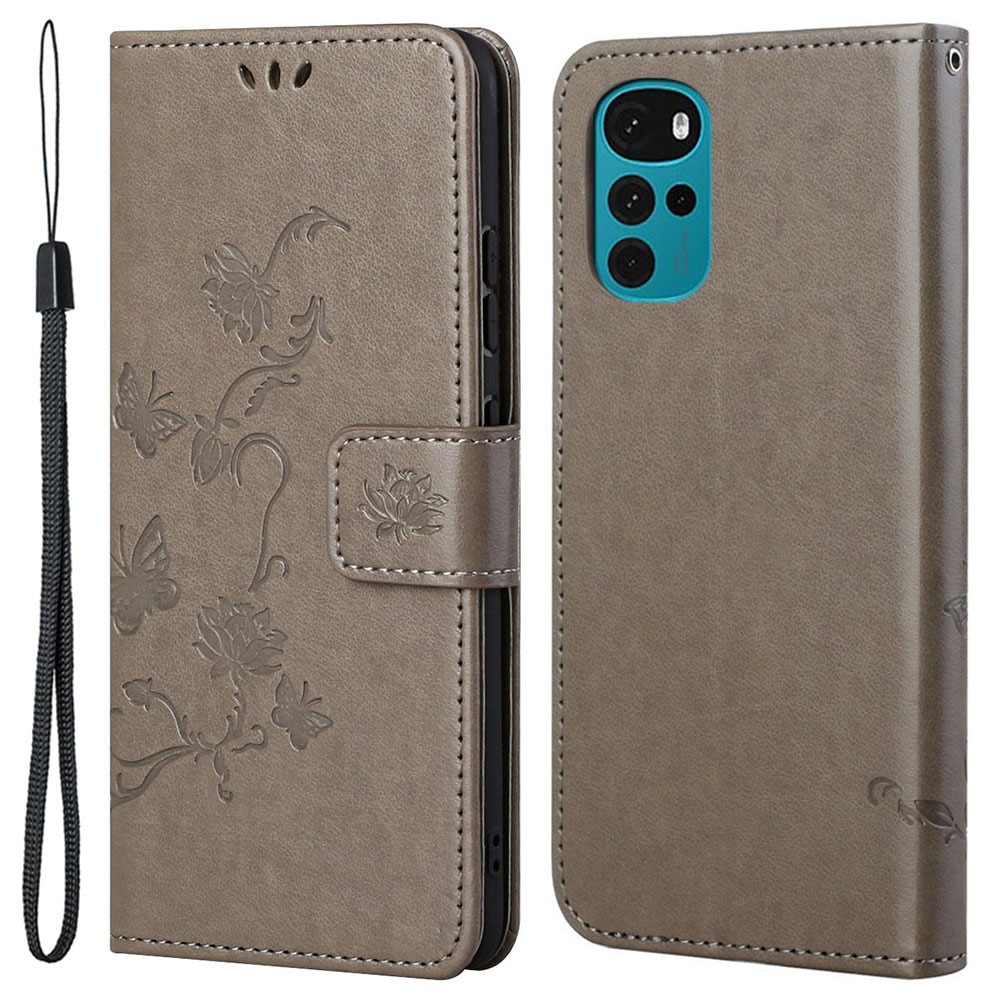 Funda de Cuero con Mariposas Motorola Moto G22, Gris