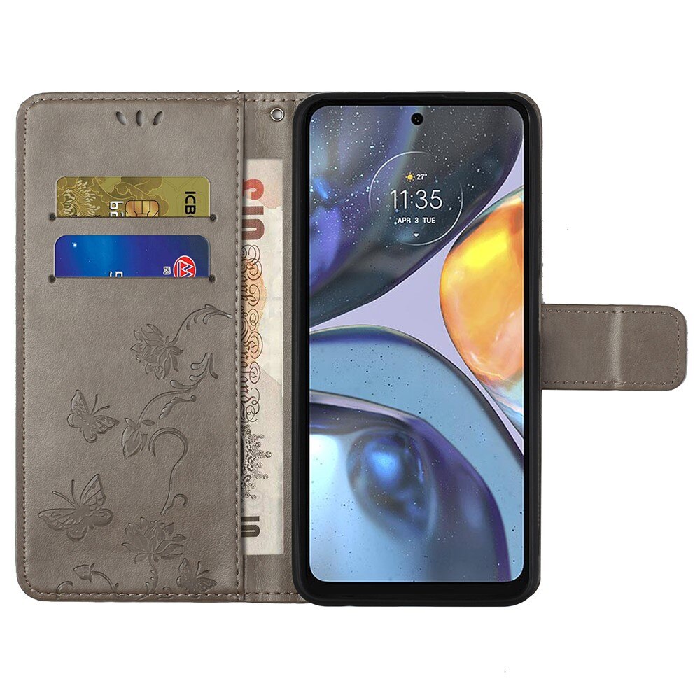 Funda de Cuero con Mariposas Motorola Moto G22, Gris