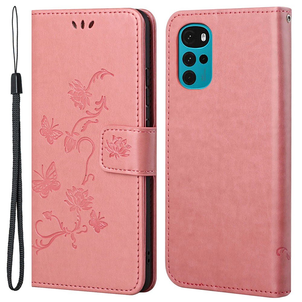 Funda de Cuero con Mariposas Motorola Moto G22, Rosa