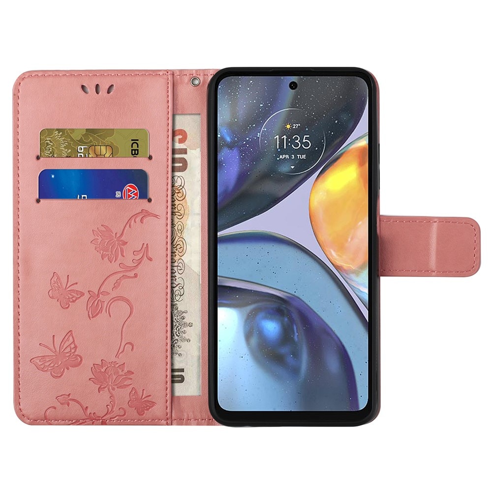Funda de Cuero con Mariposas Motorola Moto G22, Rosa