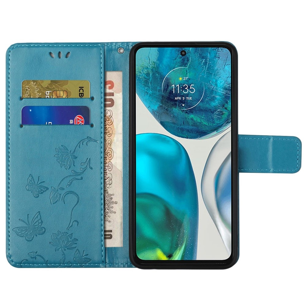 Funda de cuero con mariposas para Motorola E32, azul