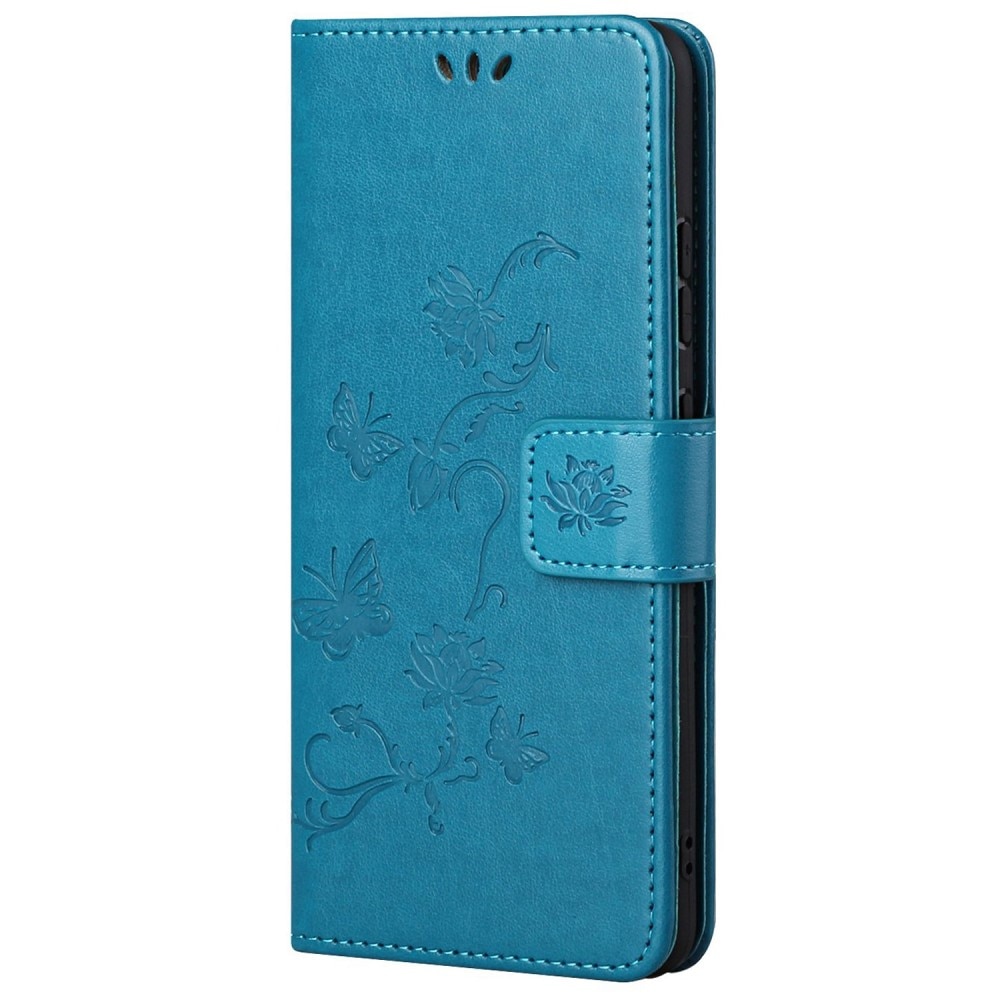 Funda de cuero con mariposas para Motorola E32, azul