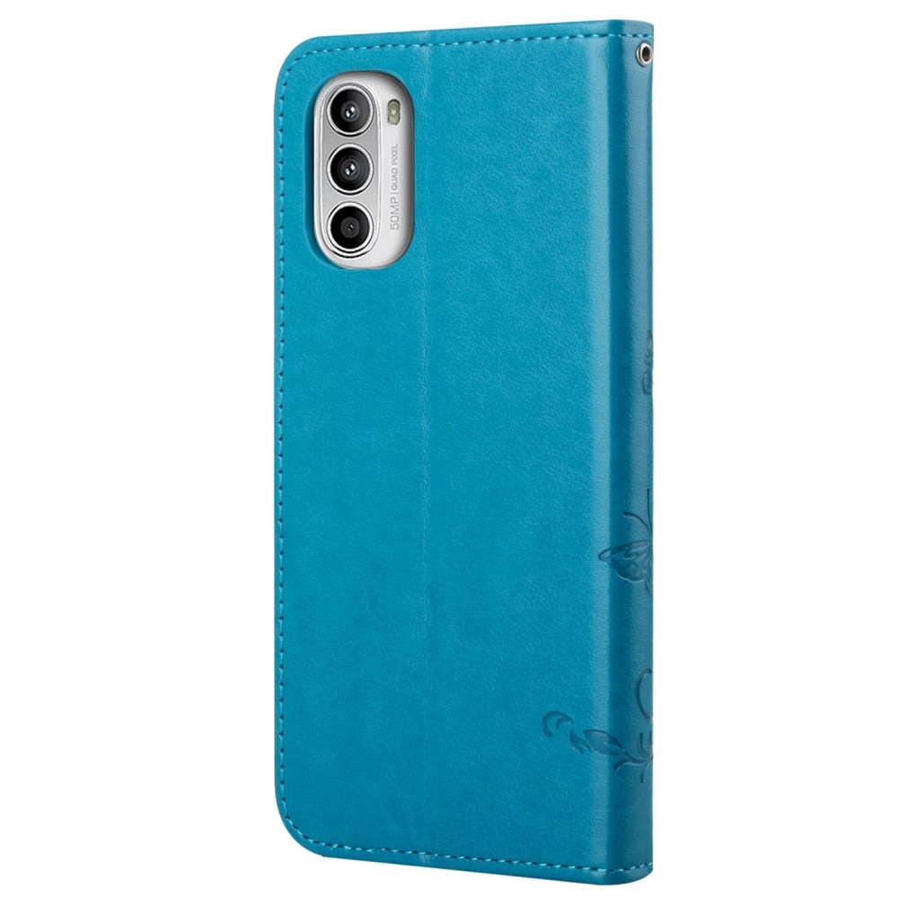 Funda de cuero con mariposas para Motorola E32, azul