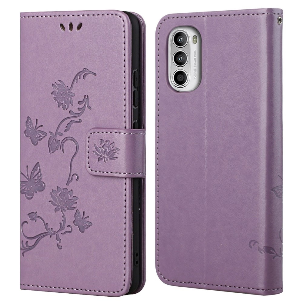 Funda de Cuero con Mariposas Motorola Moto E32, Púrpura