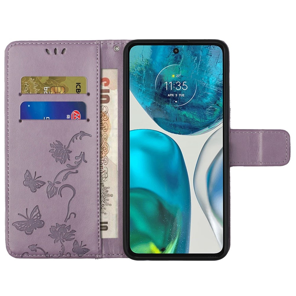 Funda de cuero con mariposas para Motorola E32, violeta