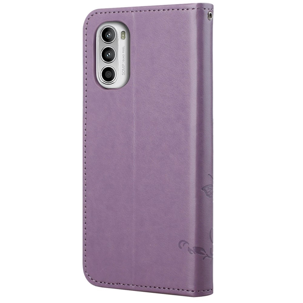 Funda de Cuero con Mariposas Motorola Moto E32, Púrpura