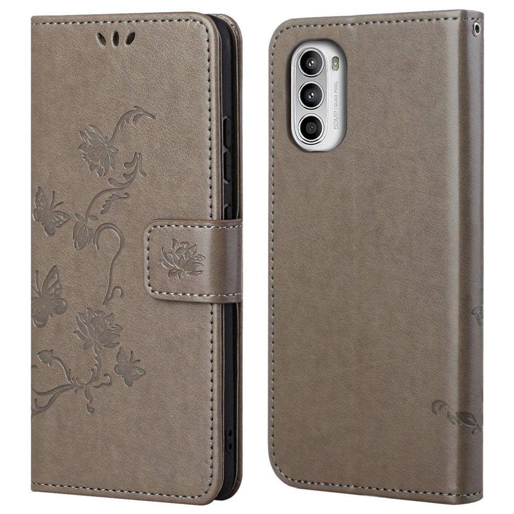 Funda de cuero con mariposas para Motorola E32, gris