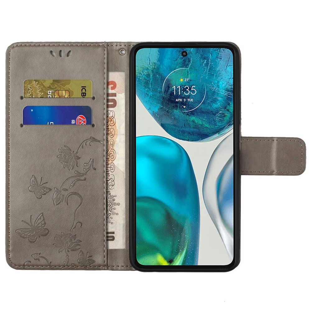 Funda de Cuero con Mariposas Motorola Moto E32, Gris