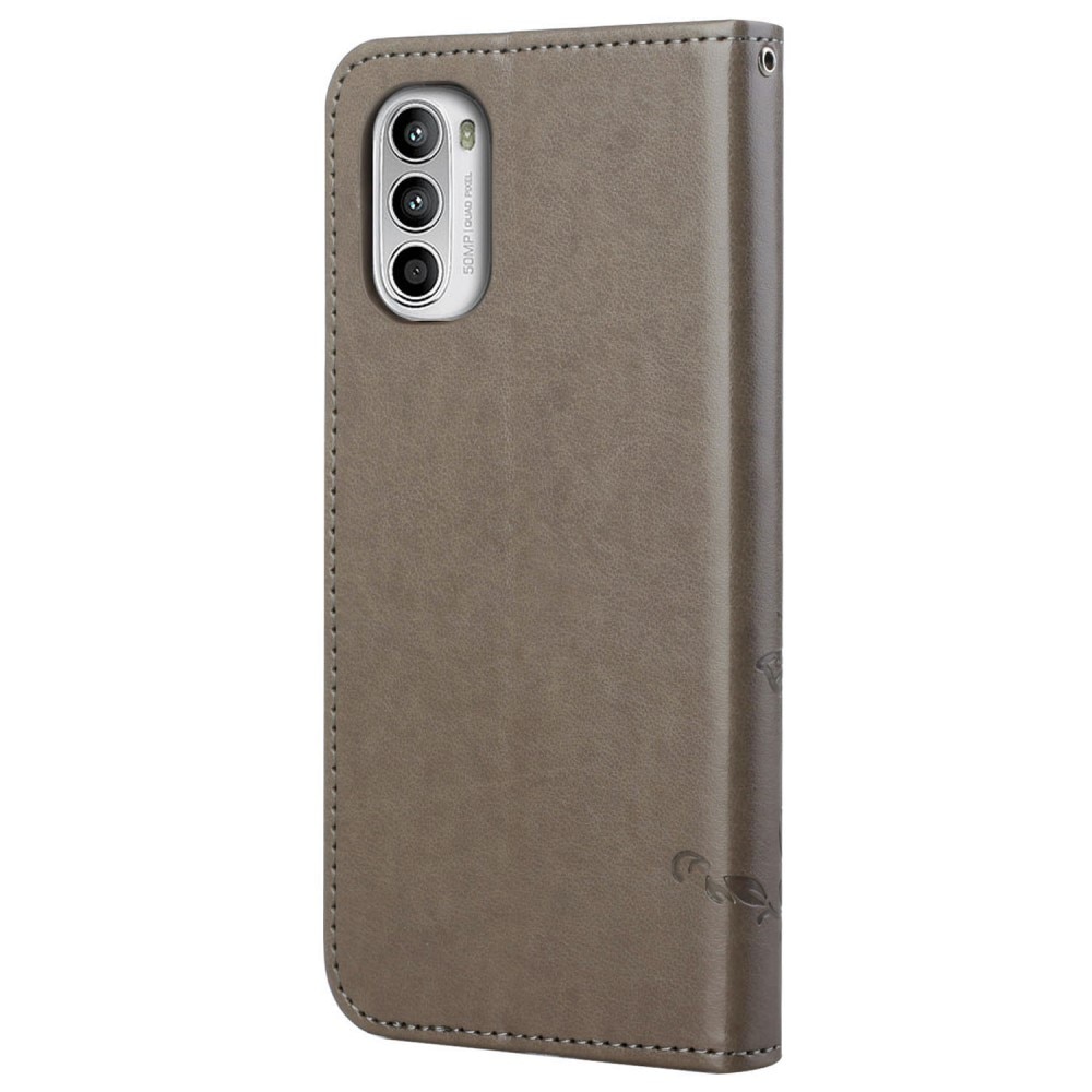 Funda de cuero con mariposas para Motorola E32, gris