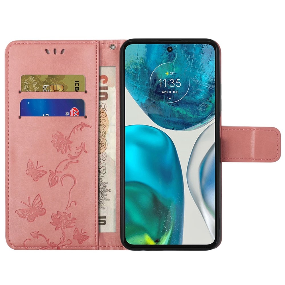 Funda de Cuero con Mariposas Motorola Moto E32, Rosa
