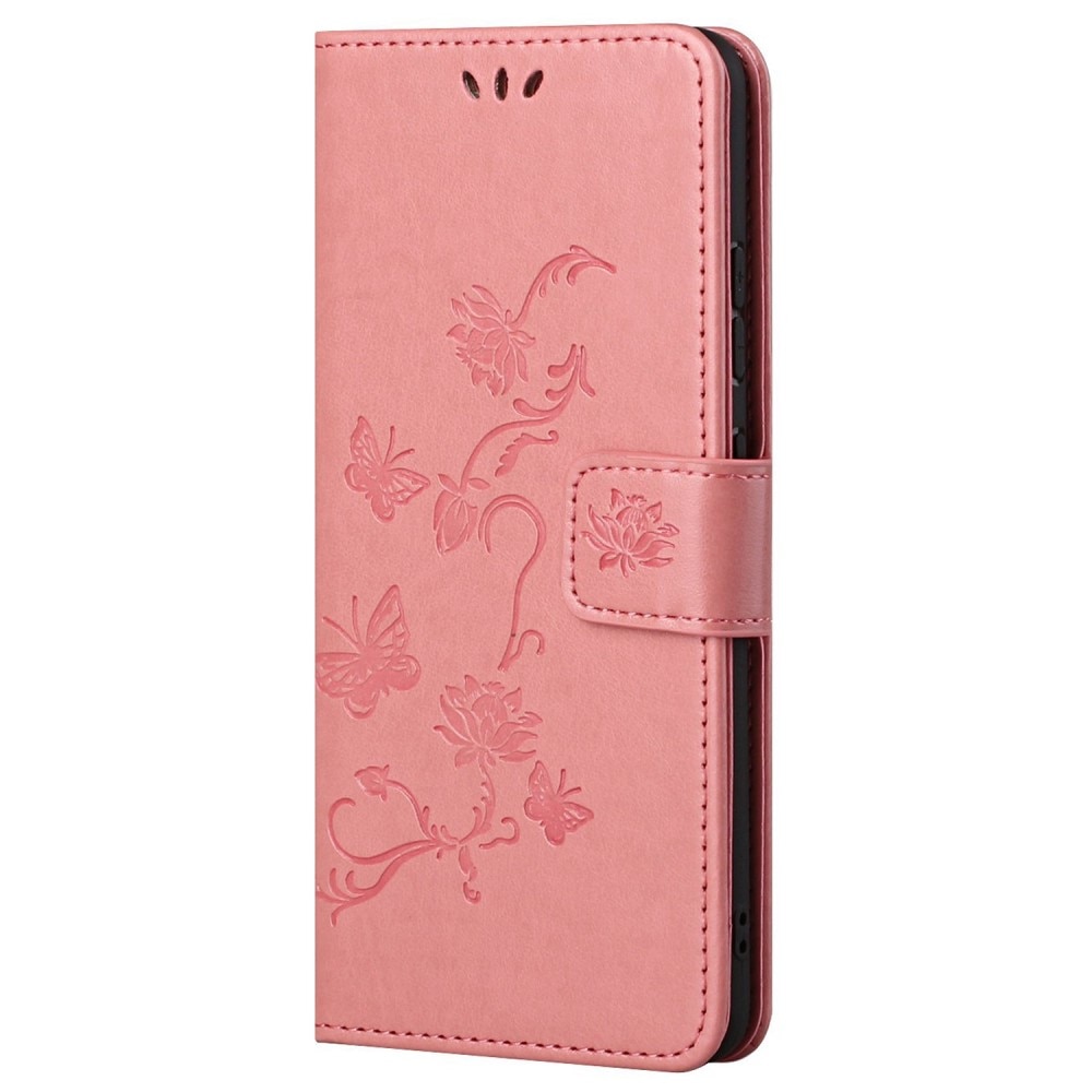 Funda de Cuero con Mariposas Motorola Moto E32, Rosa