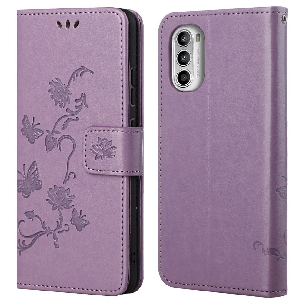 Funda de cuero con mariposas para Motorola Moto G52, violeta