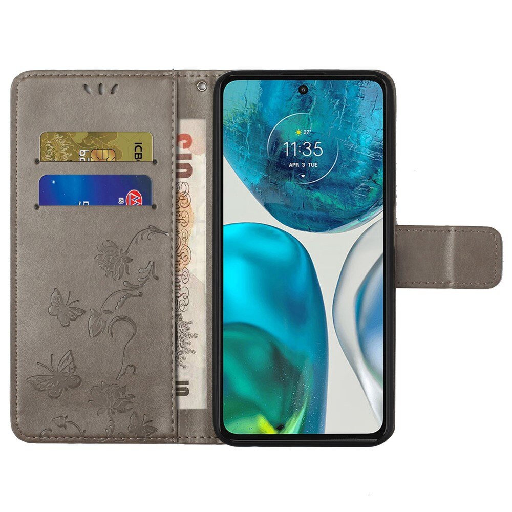 Funda de Cuero con Mariposas Motorola Moto G52, Gris