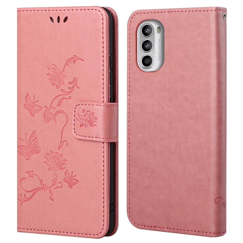 Funda de Cuero con Mariposas Motorola Moto G52, Rosa