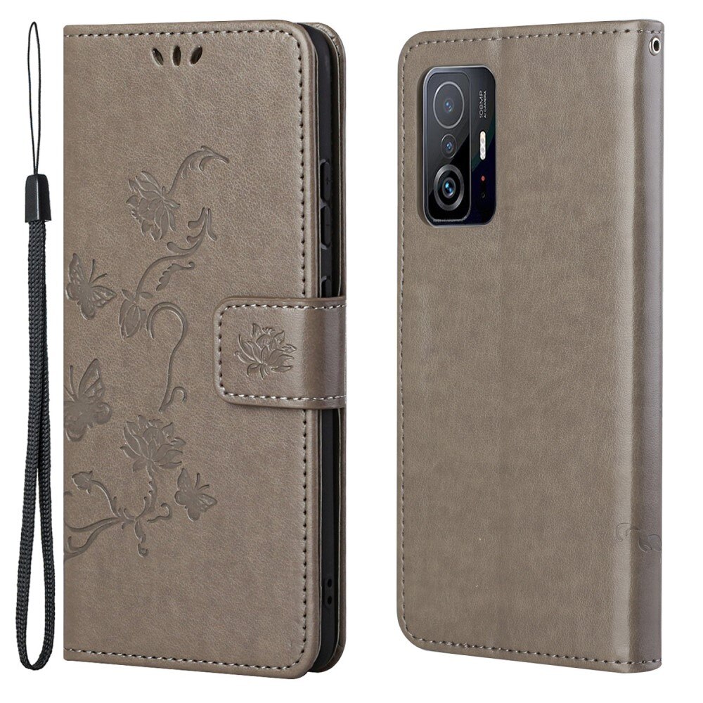 Funda de Cuero con Mariposas Xiaomi 11T/11T Pro, Gris