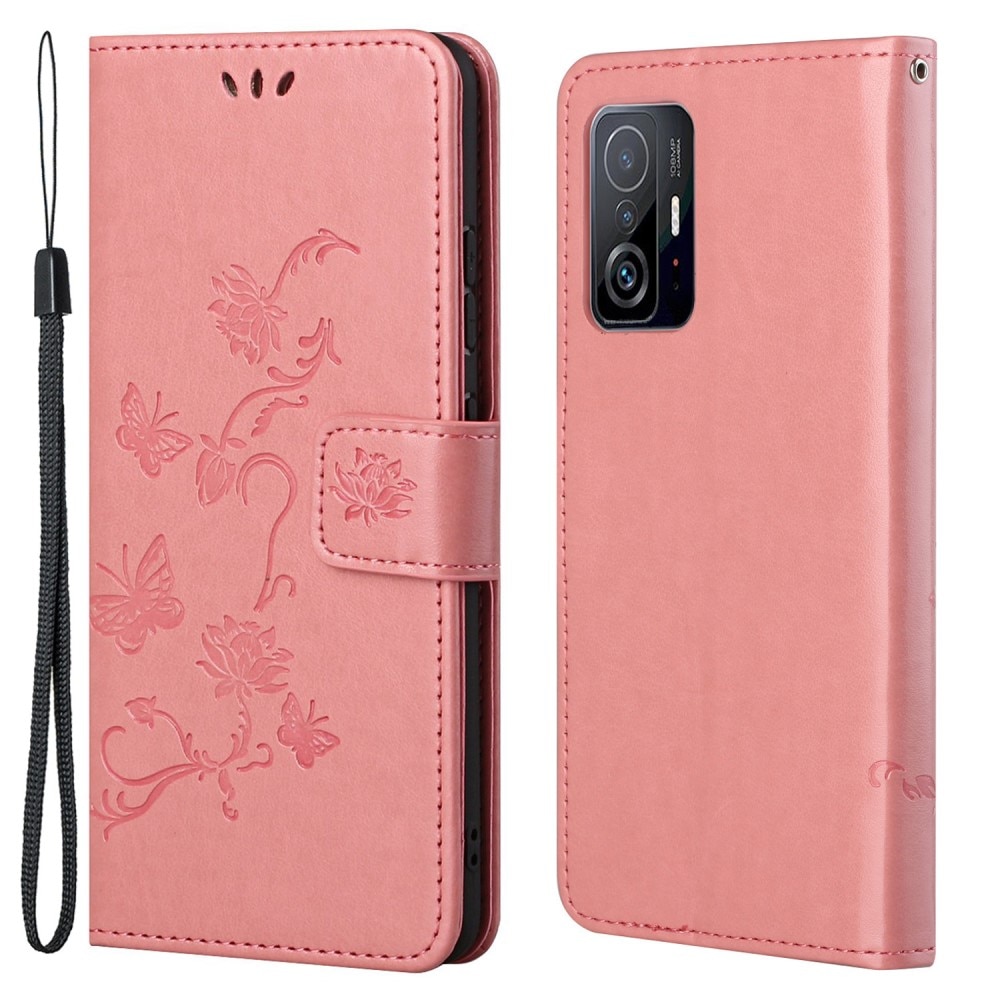 Funda de cuero con mariposas para Xiaomi 11T/11T Pro, rosado