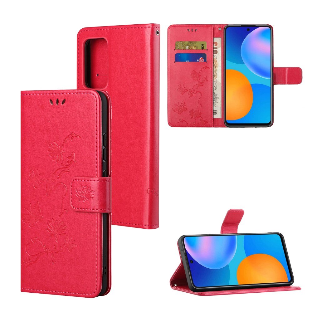 Funda de cuero con mariposas para Xiaomi Redmi Note 11, rojo