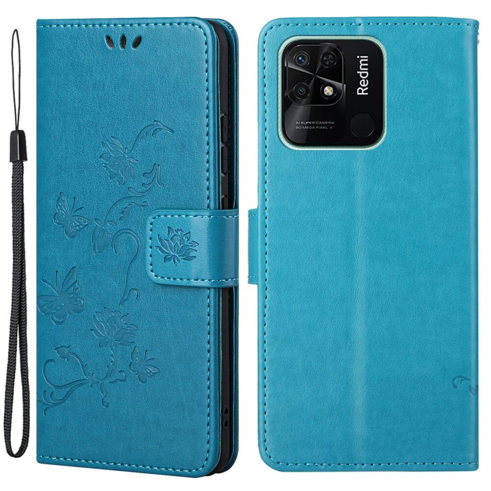 Funda de cuero con mariposas para Xiaomi Redmi 10C, azul