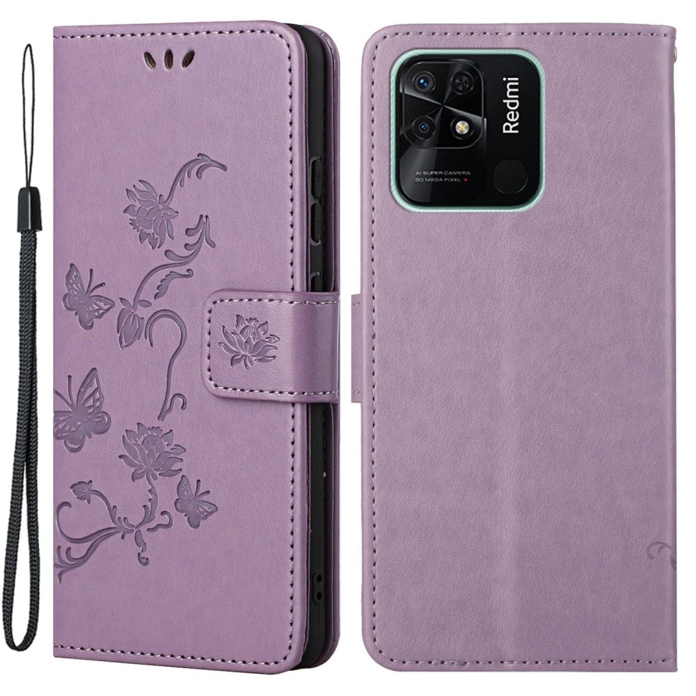 Funda de cuero con mariposas para Xiaomi Redmi 10C, violeta