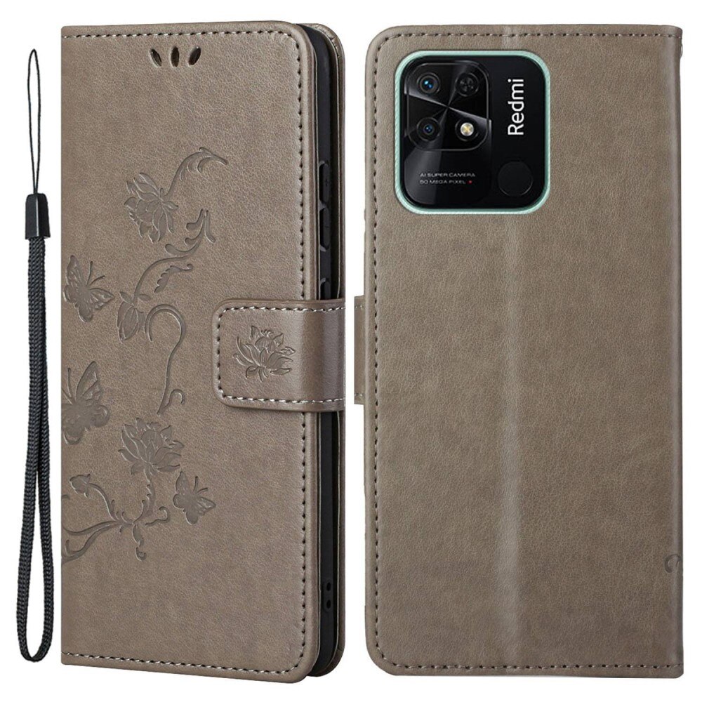 Funda de Cuero con Mariposas Xiaomi Redmi 10C, Gris