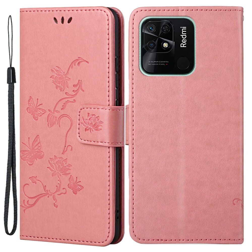 Funda de cuero con mariposas para Xiaomi Redmi 10C, rosado