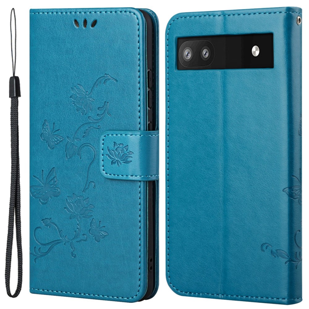 Funda de cuero con mariposas para Google Pixel 6a, azul