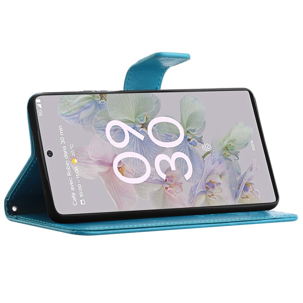 Funda de cuero con mariposas para Google Pixel 6a, azul