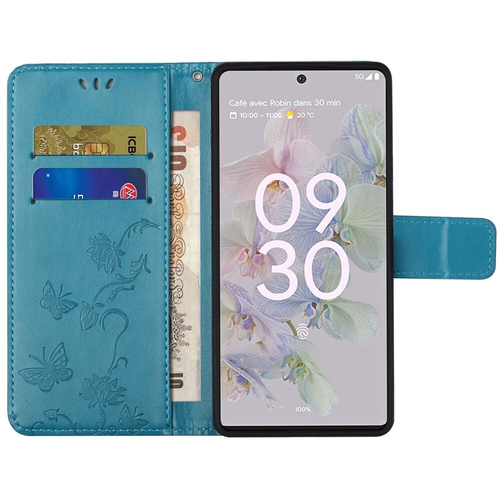 Funda de cuero con mariposas para Google Pixel 6a, azul