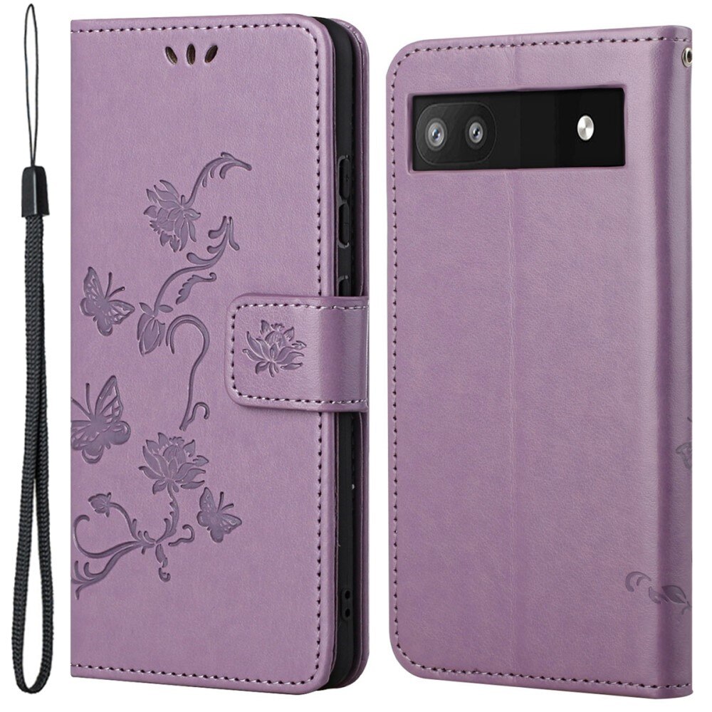 Funda de Cuero con Mariposas Google Pixel 6a, Púrpura