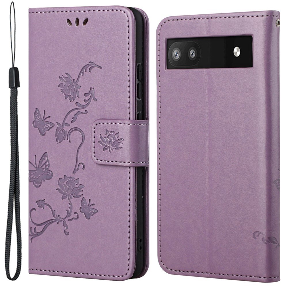 Funda de cuero con mariposas para Google Pixel 6a, violeta